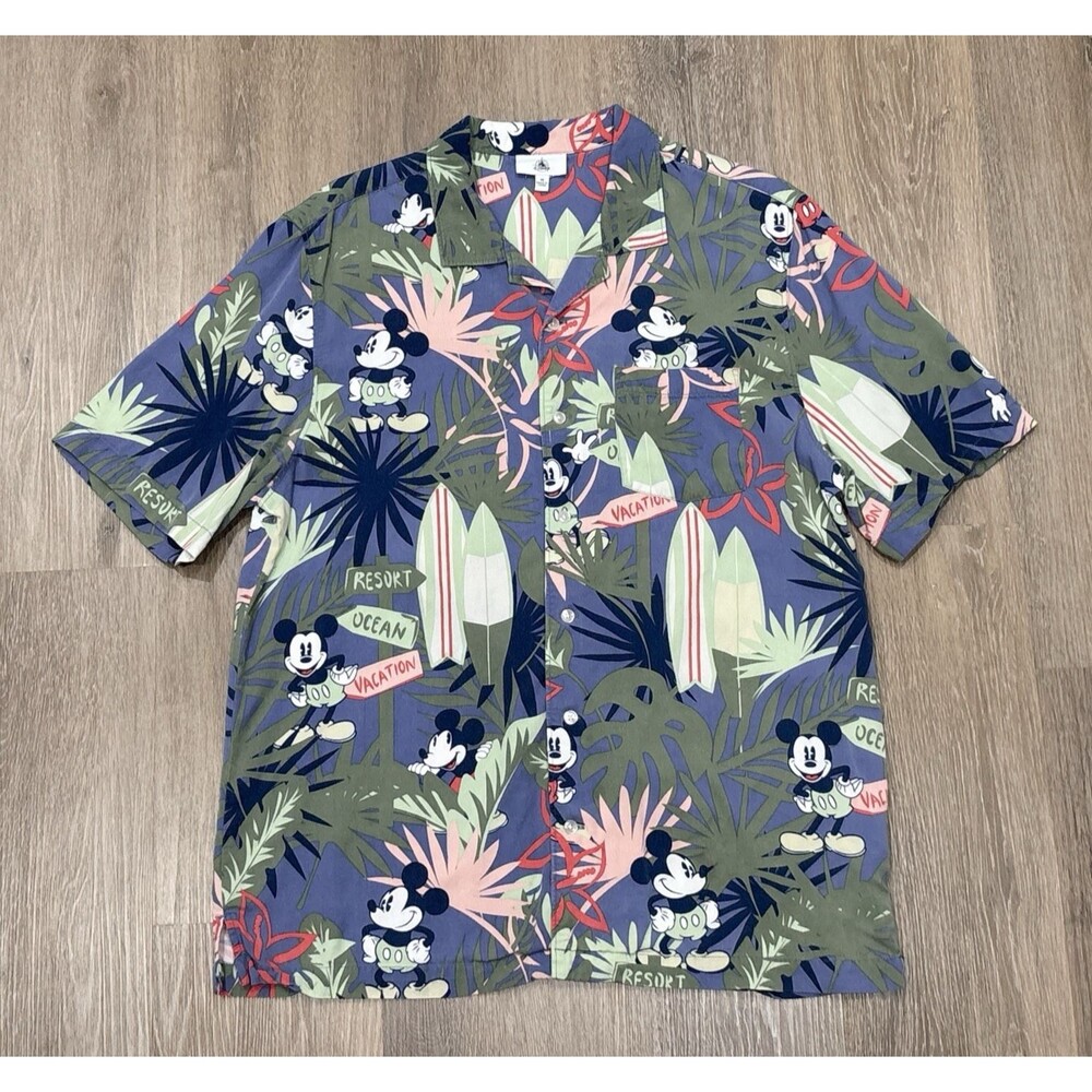 Disney Mickey Mouse Hawaiian Shirt Mens Medium Blue Aloha Resort Vacation Camp